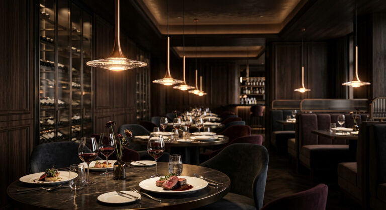 A luxurious fine dining restaurant showcasing moody restaurant lighting design using Guocio pendant lamps to increase customer stay time.