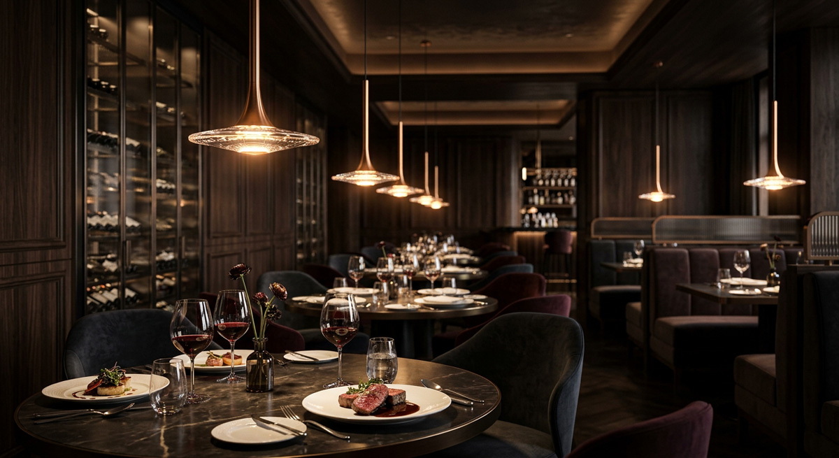 A luxurious fine dining restaurant showcasing moody restaurant lighting design using Guocio pendant lamps to increase customer stay time.