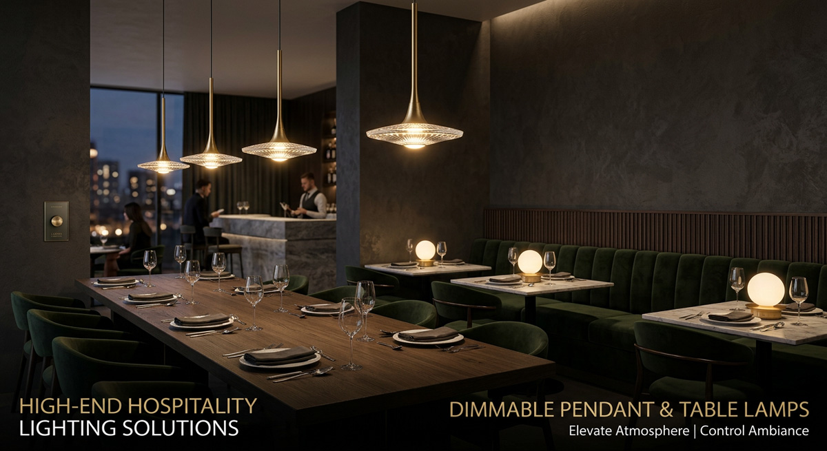 A luxury fine dining restaurant illuminated by warm 2700K Pendant Lamps and Table Lamps creating the perfect intimate atmosphere.