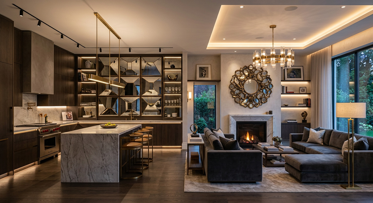 A luxury kitchen and living room featuring comprehensive Home lighting design and Art-Mirrors.