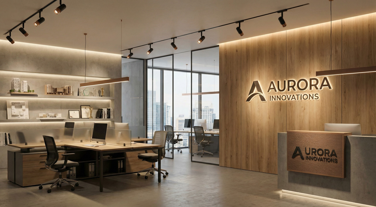 A modern commercial office showcasing expert Office lighting design with strategic Spot Lights highlighting brand elements.