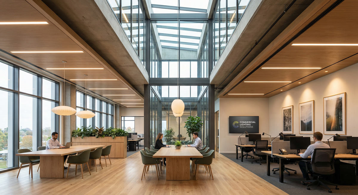 A modern office showcasing expert Office lighting design that balances natural daylight with artificial Commercial Lighting Solutions.