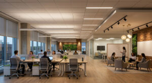 A modern open-plan office showcasing expert Office lighting design with zone-based Commercial Lighting Solutions.
