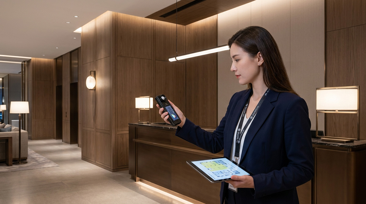 A professional Guocio lighting consultant conducting a technical lux analysis for a high-end project.