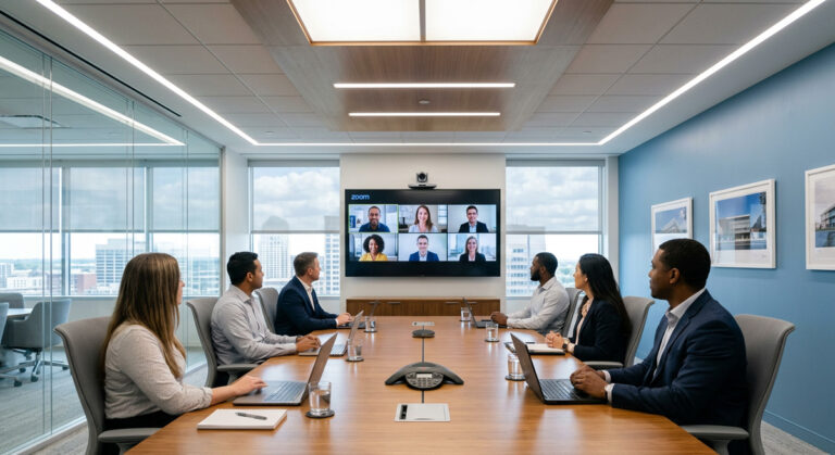 A professional conference room showcasing expert Office lighting design with shadow-free lighting for Zoom video calls.