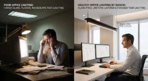 A professional experiencing eye strain under poor lighting, contrasted with healthy Office lighting design by Guocio.