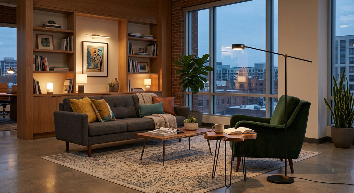 A relaxing office lounge featuring a modern floor lamp, applying living room lighting ideas to commercial spaces.