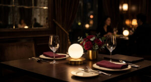 A romantic fine dining restaurant demonstrating expert restaurant lighting design with Guocio pendant lamps.