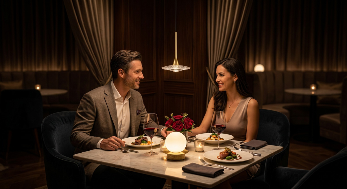 A romantic restaurant setting featuring a cordless Guocio Table Lamp and low-hanging Pendant Lamp to boost average check size.