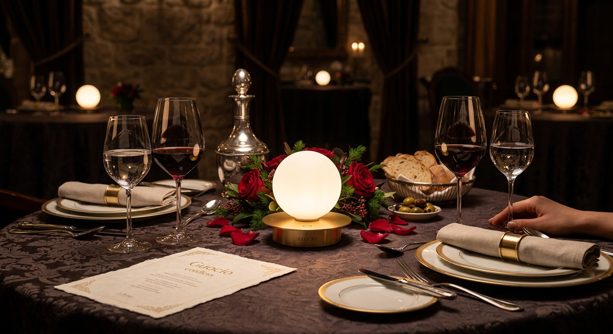A romantic restaurant table setting illuminated by a high-end Guocio cordless table lamp to create a flattering glow.
