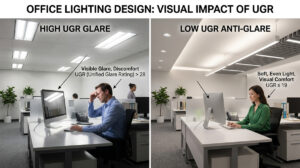 A side-by-side comparison showing high UGR glare versus low UGR anti-glare Office lighting design.