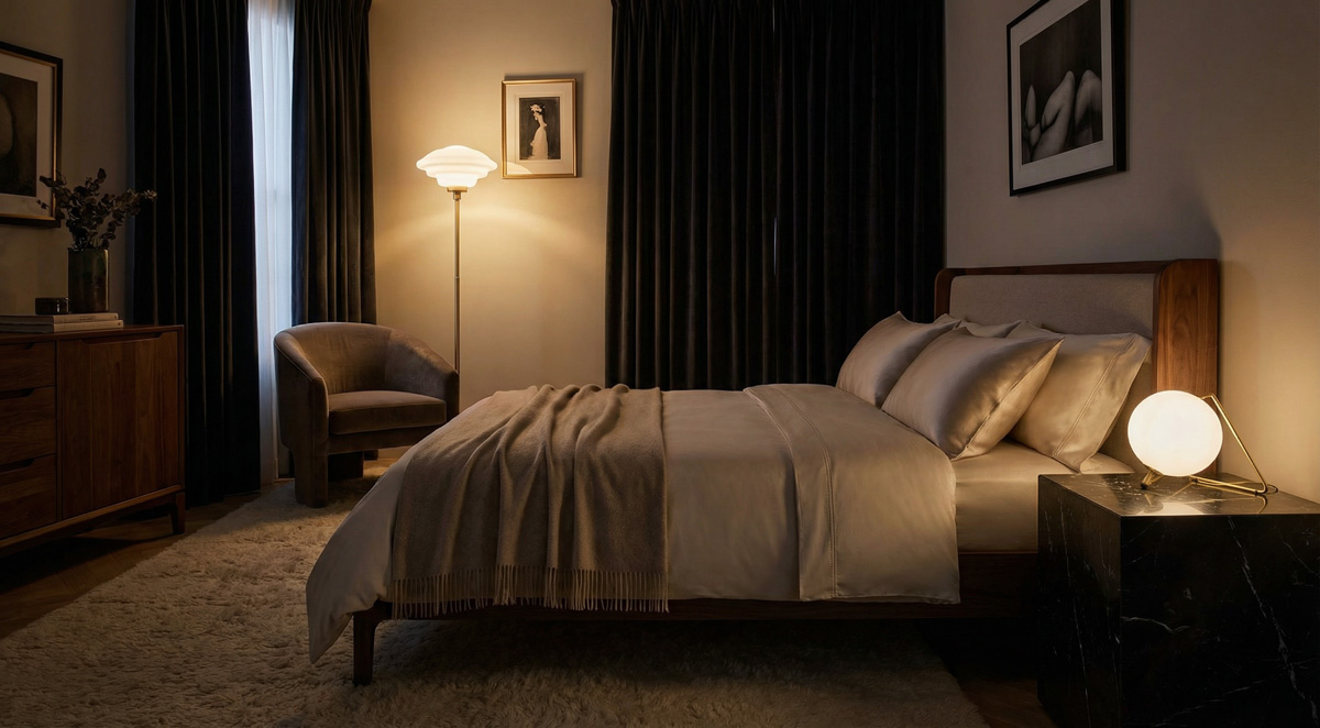 A sophisticated bedroom featuring both a Guocio Floor Lamp and Table Lamp creating layered bedroom lighting Solutions.