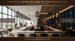 A sophisticated restaurant showcasing expert Commercial Lighting Solutions transitioning from bright day to moody night