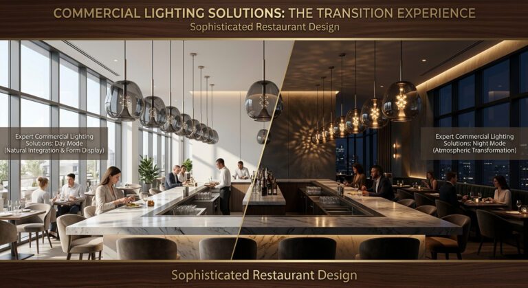 A sophisticated restaurant showcasing expert Commercial Lighting Solutions transitioning from bright day to moody night