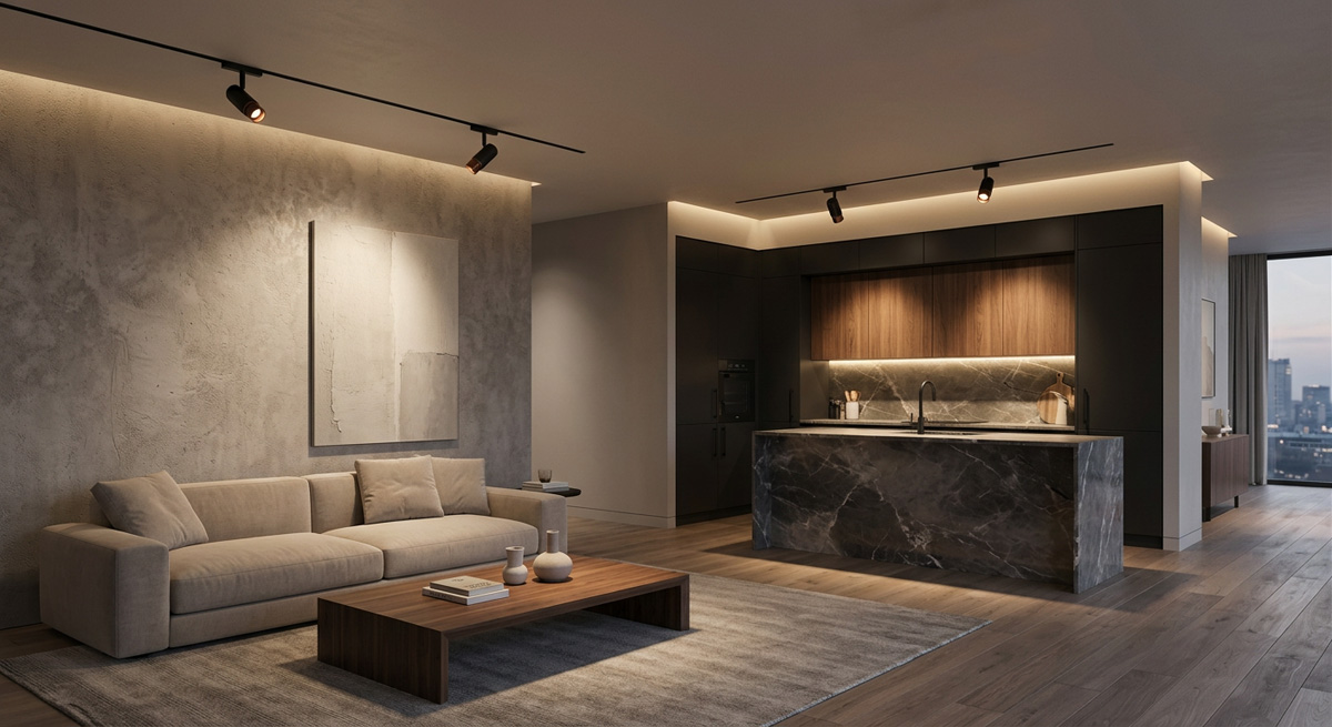 A stylish home interior using Spot Lights for accent lighting in living room and kitchen settings.