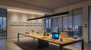 A well-lit modern workspace demonstrating effective Office lighting design and Commercial Lighting Solutions.