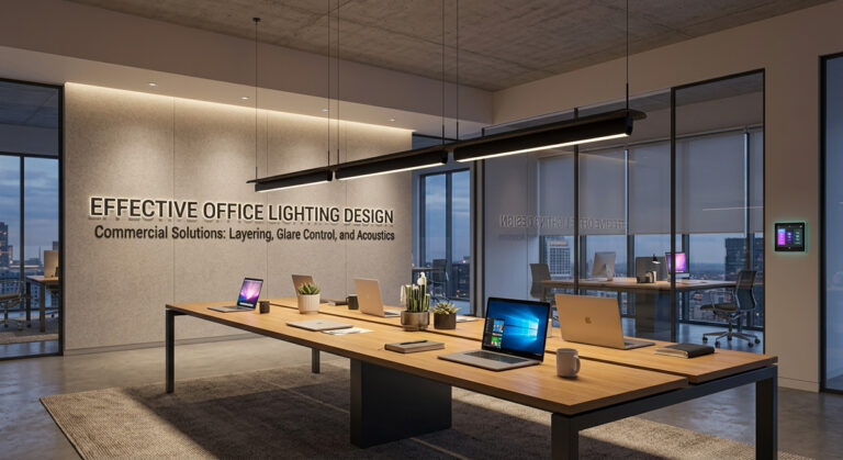 A well-lit modern workspace demonstrating effective Office lighting design and Commercial Lighting Solutions.