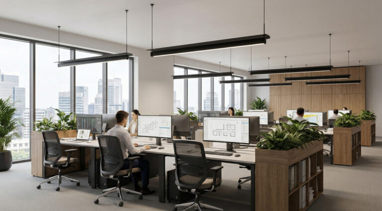 A well-lit modern workspace demonstrating the optimal 4000K color temperature for expert Office lighting design.