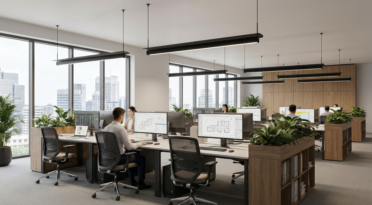 A well-lit modern workspace demonstrating the optimal 4000K color temperature for expert Office lighting design.
