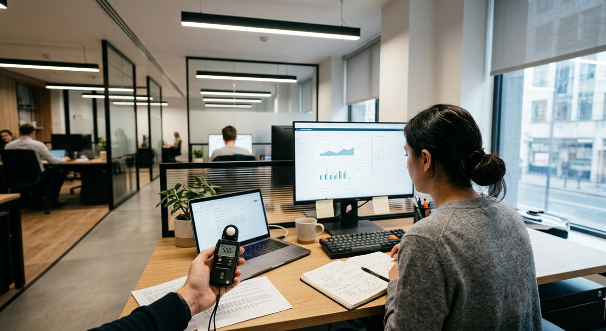 A well-lit office desk demonstrating optimal 500 lux brightness with professional Office lighting design.