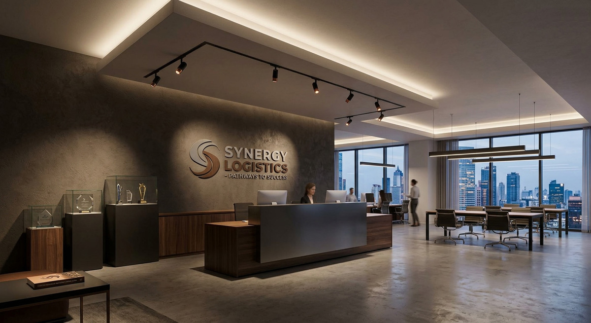 An adjustable Spot Light dramatically illuminating a corporate brand logo wall in a premium office setting.