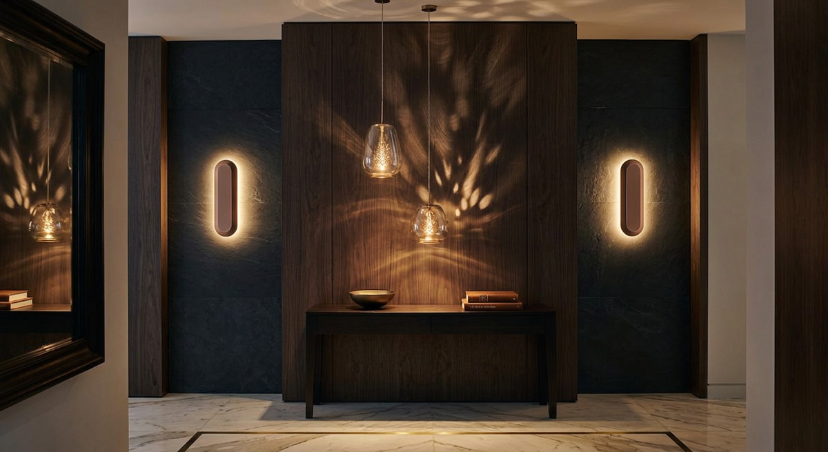 An elegant home entrance demonstrating expert Home lighting design with a Pendant Lamp and Wall Lamps.