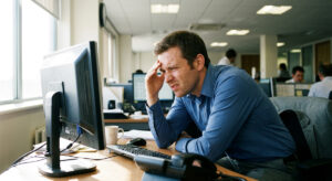 An office worker struggling with computer screen glare before applying professional Office lighting design.