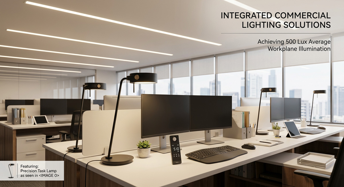 Commercial Lighting Solutions using Ceiling Lamps for ambient light and Table Lamps for task lighting to achieve 500 lux.