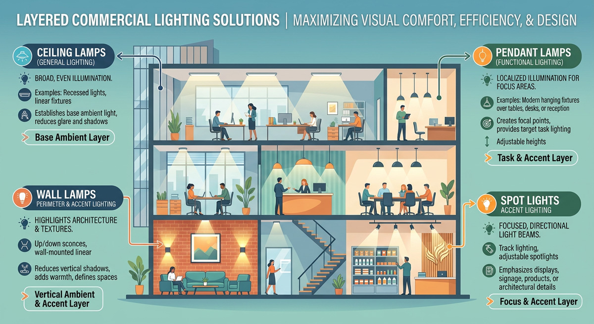 Diagram showing layered Commercial Lighting Solutions using Ceiling Lamps, Pendant Lamps, Wall Lamps, and Spot Lights.