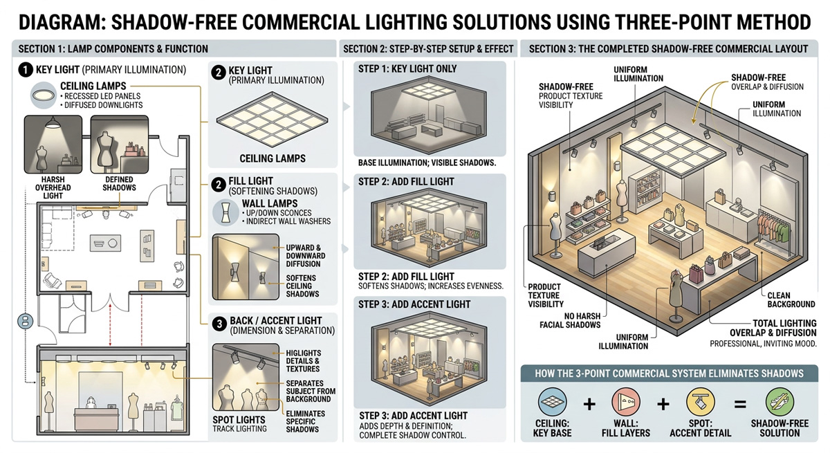 Diagram showing three-point lighting setup using Wall Lamps, Ceiling Lamps, and Spot Lights for shadow-free Commercial Lighting Solutions.