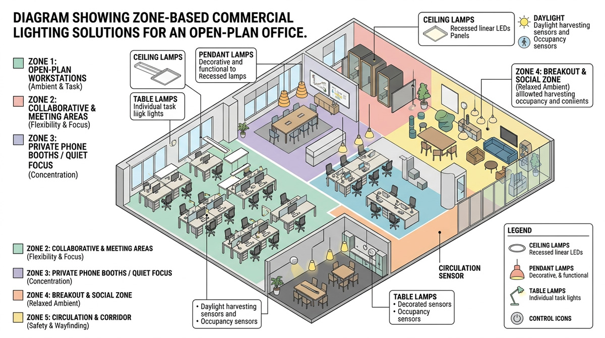Diagram showing zone-based Commercial Lighting Solutions for an open-plan office with Ceiling Lamps, Pendant Lamps, and Table Lamps.