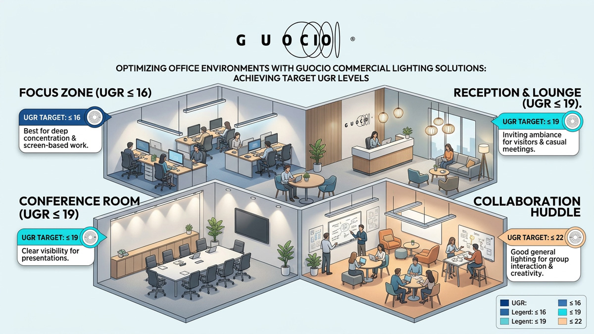 Different office zones showing appropriate UGR levels with Guocio Commercial Lighting Solutions.
