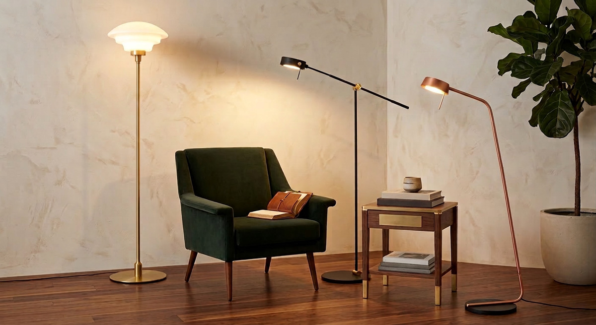 Different types of Guocio Floor Lamps showing ambient uplighting, reading arc, and decorative statement designs.