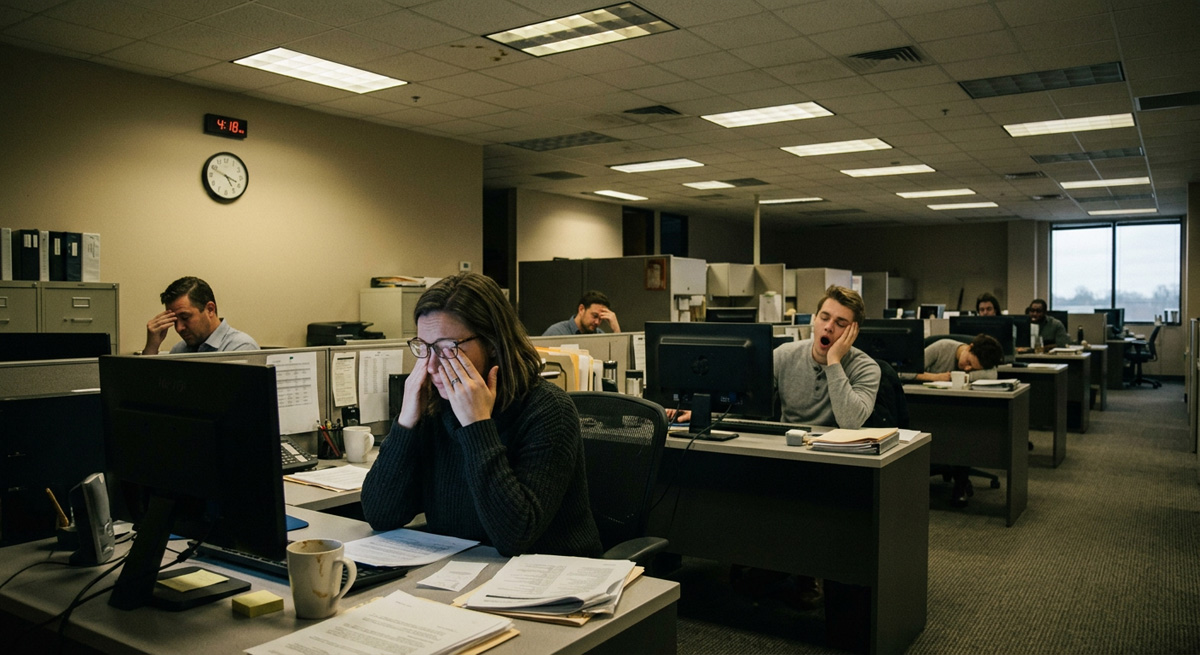 Employees experiencing fatigue under poor Office lighting design, demonstrating lost productivity in commercial spaces.