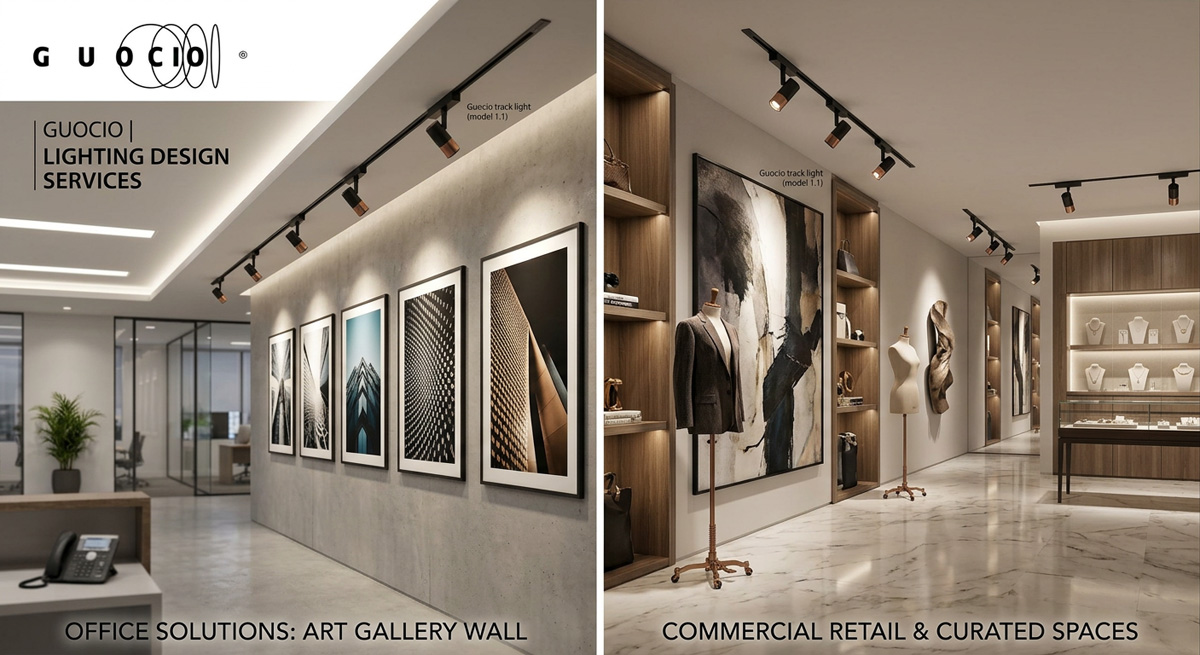 Guocio lighting design services showing spot lights used to highlight art in an office lighting design and commercial lighting setup.
