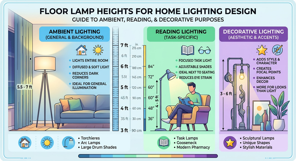 Infographic showing different Floor Lamp heights for ambient, reading, and decorative purposes in Home lighting design.