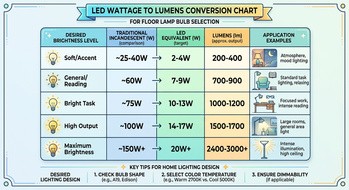 LED wattage to lumens conversion chart for Floor Lamp bulb selection in Home lighting design.