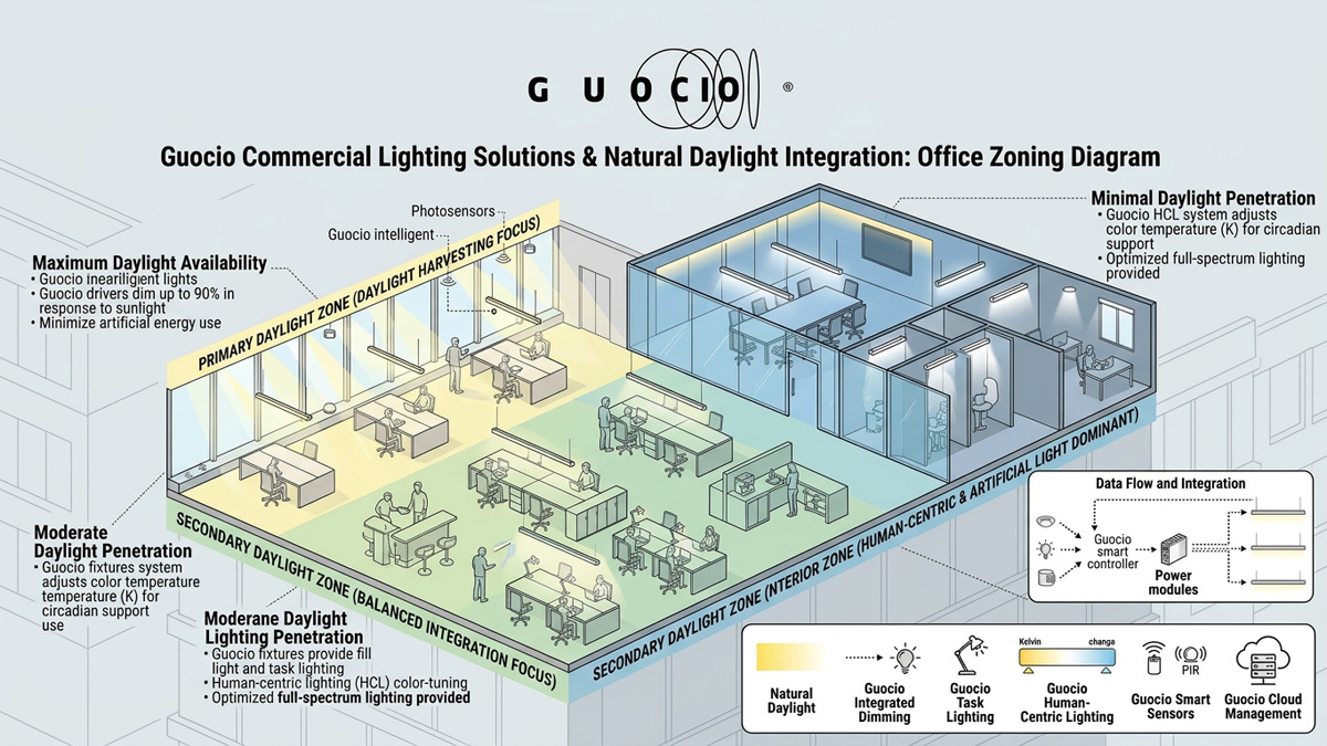 Office zoning diagram showing how Guocio Commercial Lighting Solutions integrate with natural daylight.
