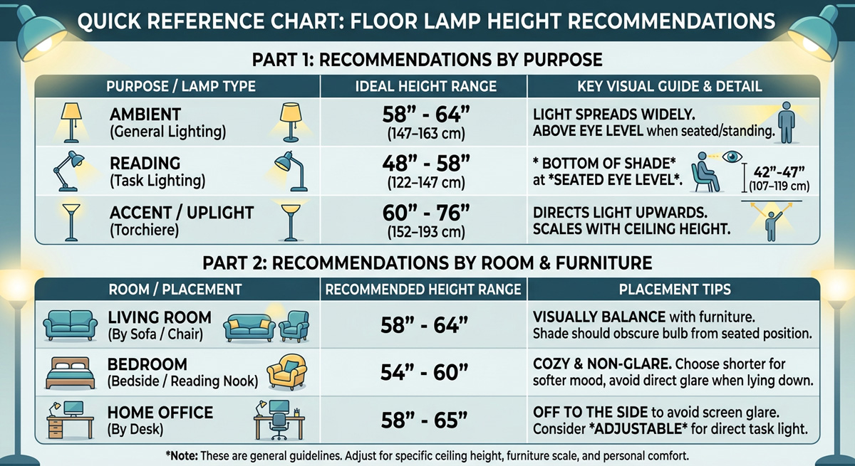 Quick reference chart showing Floor Lamp height recommendations for different purposes and rooms.