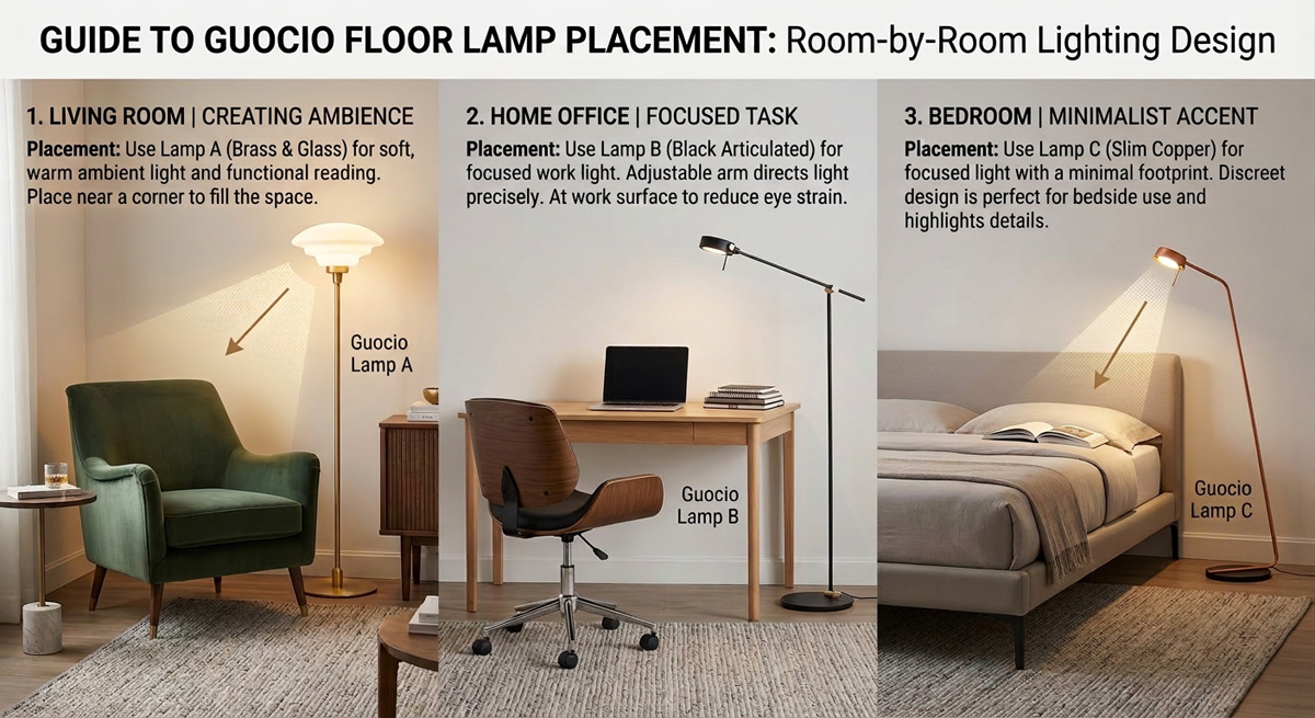 Room-by-room guide showing Guocio Floor Lamp placement for living room lighting design, bedroom lighting design, and home office.