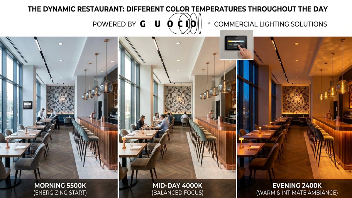 The same restaurant space showing different color temperatures throughout the day using Guocio Commercial Lighting Solutions.