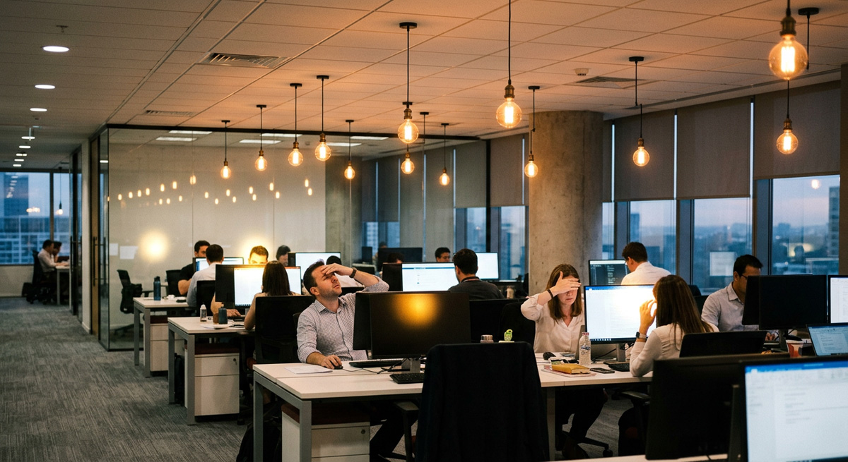 Traditional exposed bulb lighting causing high UGR glare in a corporate workspace.