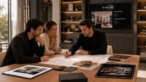 Lighting consultant discussing architectural blueprints and interior mood boards during concept development