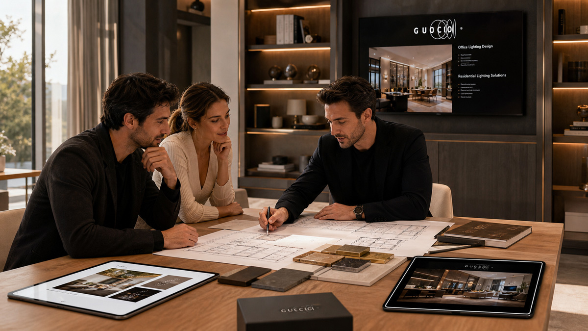 Lighting consultant discussing architectural blueprints and interior mood boards during concept development
