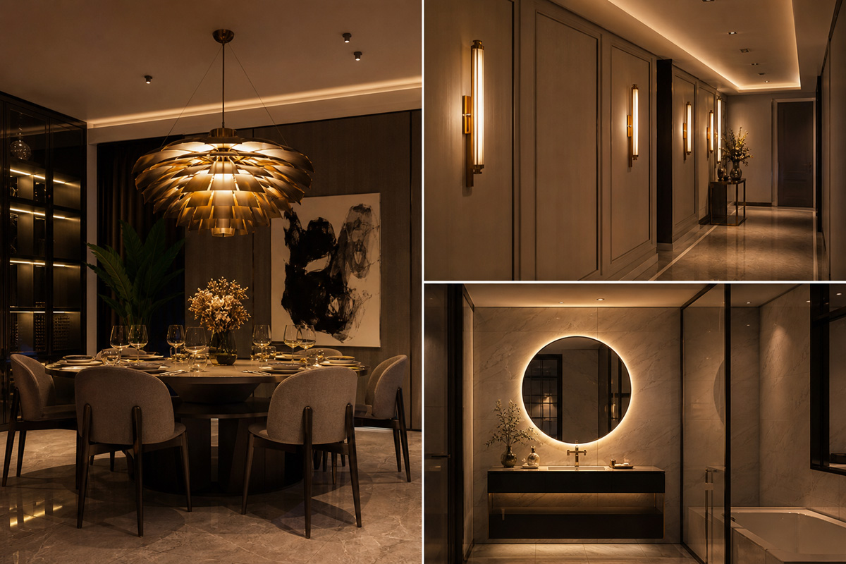 Luxury pendant lamp, wall lamps, and illuminated vanity mirror in architectural lighting design