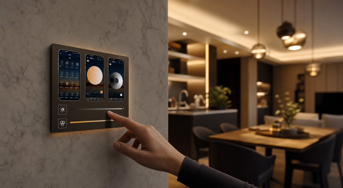 Smart lighting control system with dimming scenes for modern architectural interiors