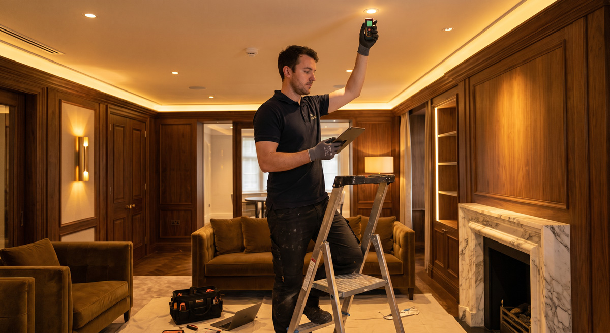 Lighting designer adjusting spot lights during final commissioning of an architectural lighting project