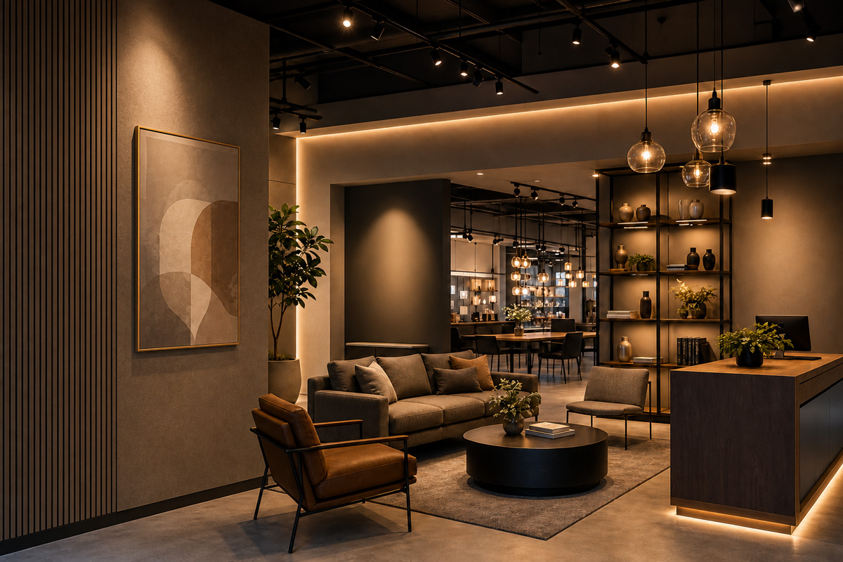 A high-end commercial showroom demonstrating how Commercial Lighting Solutions create a welcoming mood.