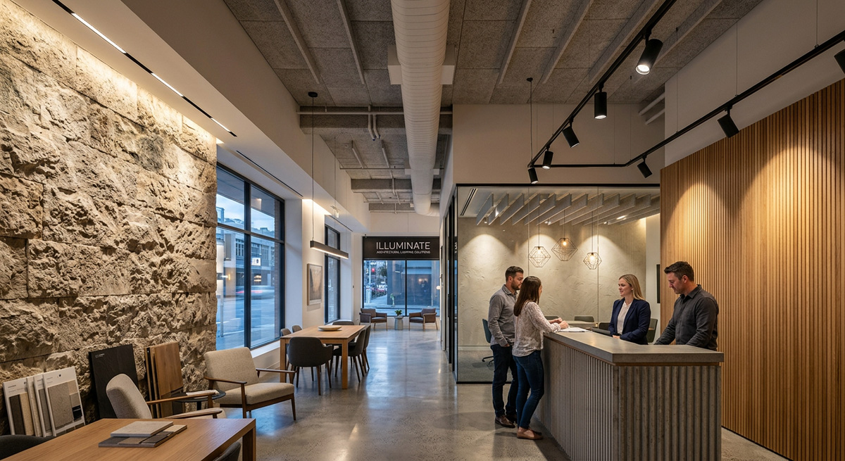 A high-end office showroom featuring professional Commercial Lighting Solutions that highlight architectural textures.