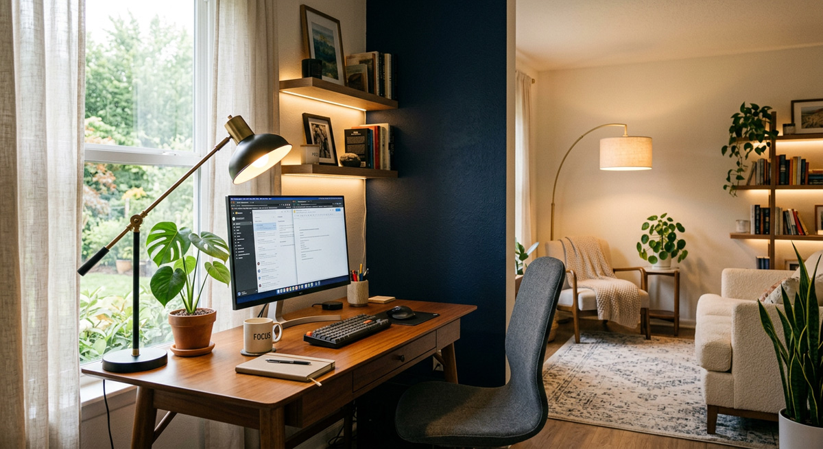 A home office featuring balanced Living Room Lighting Ideas that promote focus and comfort
